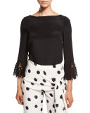 Lace-Trim Bateau-Neck Blouse, Black
