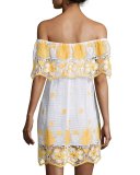 Angelique Off-the-Shoulder Tropical Lace Coverup Dress, White with Mango