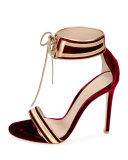 Augusta Velvet Ankle-Wrap Sandal, Granato/Glam