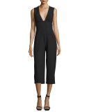 Sleeveless Plunging V-Neck Midi Jumpsuit, Black