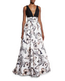 Sleeveless Pleated Butterfly-Print Gown, Black/Multicolor