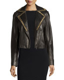 Beaded-Lapel Cropped Leather Moto Jacket, Black