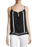 Tamani Sleeveless Tassel-Hem Top, Black/White Trim