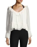 Amina Tie-Back Silk Ruffle Blouse, Ivory/Black