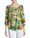 3/4-Sleeve Paisley-Print Tie-Cuff Top