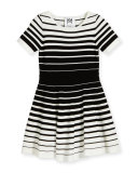 Short-Sleeve Striped Knit Circle Dress, Black/White, Size 4-7