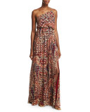 Silk One-Shoulder Paisley Column Gown, Kennedy