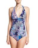 Paisley Leaves Halter Tankini Swim Top, Blue