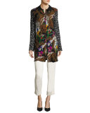 Floral Silk Shirt Coat, Black/Multi