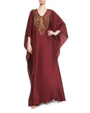 Necklace-Beaded V-Neck Caftan Gown, Bordeaux