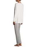 Cashmere-Blend Long-Sleeve Lounge Top, Crystal Gray