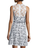 Sleeveless Sheer-Yoke Lace Sheath Dress, Ivory