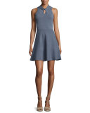 Twist-Neck Fit-and-Flare Dress, Chambray