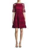 Half-Sleeve Lace Fit-and-Flare Cocktail Dress, Flame