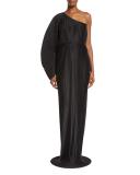 Torrance One-Shoulder Pleated Chiffon Maxi Dress, Black