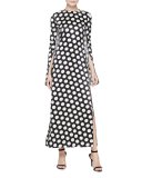Polka Dot Cape-Sleeve Gown, Black
