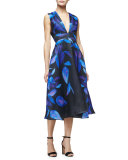 Sleeveless Leaf-Print Midi Dress, Lapis/Multi