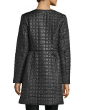 long quilted snap-front coat w/ bow detail