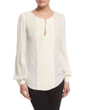Keyhole Pleated Silk Blouse, Alabaster
