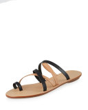 Sarie Leather Toe-Ring Flat Sandal, Black/Buff