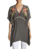 Cherise V-Neck Embroidered Poncho Top, Iron Steel