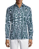 Ikat Print Sport Shirt, Navy Blue/White