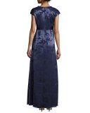 Leaf Printed Coupe Gown with Beaded Neckline, Navy