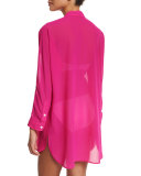 Sheer Mandarin-Collar Tunic Coverup, Razzberry
