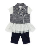 Tweed Vest, Polka-Dot Jersey Dress & Ruched Leggings, Gray, Size 12-24 Months