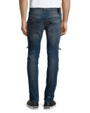 Vintage Dirty Slim-Fit Moto Denim Jeans, Blue