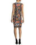 Sleeveless Floral Lace-Inset Sheath Dress, Multi