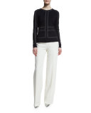 Topstitched Scuba Long-Sleeve Top, Navy