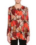 Delaunay-Print Long-Sleeve Blouse, Red/Burgundy