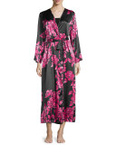 Floral-Print Charmeuse Wrap Robe, Black/Pink
