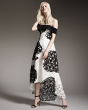 Off-the-Shoulder Bicolor Lace High-Low Gown, Ivory/Jet