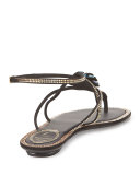 Floral Crystal-Trim Flat Thong Sandal, Black