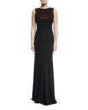 Beaded Lattice Sleeveless Column Gown, Black/Red