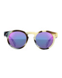 Leonard Round Horn-Pattern Sunglasses with Mirror Lens, Brown/Cream