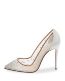 Follies Strass 100mm Red Sole Pump, White/Nude