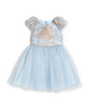 Cap-Sleeve Embroidered Tulle Dress, Blue, Size 3-6