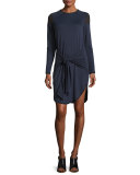 Teddi Mesh-Trim Tie-Waist Jersey Dress, Blue