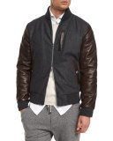 Mixed-Media Wool Bomber Jacket, Dark Gray