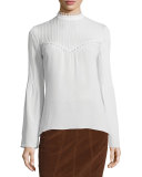 Long-Sleeve Silk Blouse w/Pintucked Yoke, White