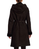 Reversible Hooded Shearling Belted Coat