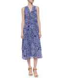 Mixed-Print Layered Midi Skirt, Indigo Combo