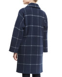 Funnel-Collar Windowpane Coat, Indigo Blue