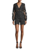 Daisy Dot Floral-Lace Romper, Black