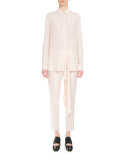 Button-Front Tie-Waist Blouse, Flesh