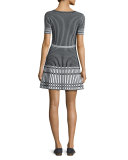 Short-Sleeve Knit Fit & Flare Dress, Black/White