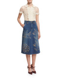 Grommet-Embellished Denim Skirt, Denim